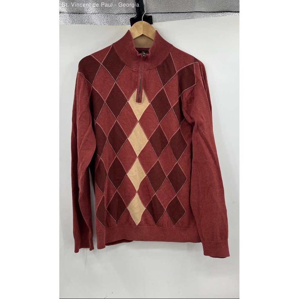 Tasso‎ Bella Red Argyle Pullover 1/4 Zip Sweater Men's L 100% Cotton